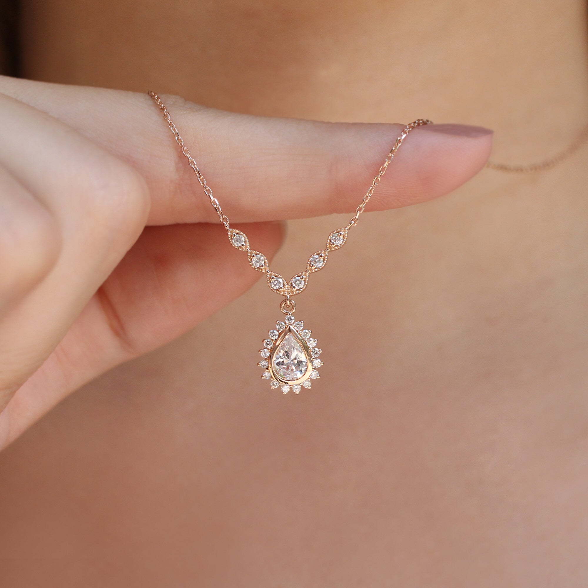Custom Design Teardrop White Topaz & Diamond Necklace