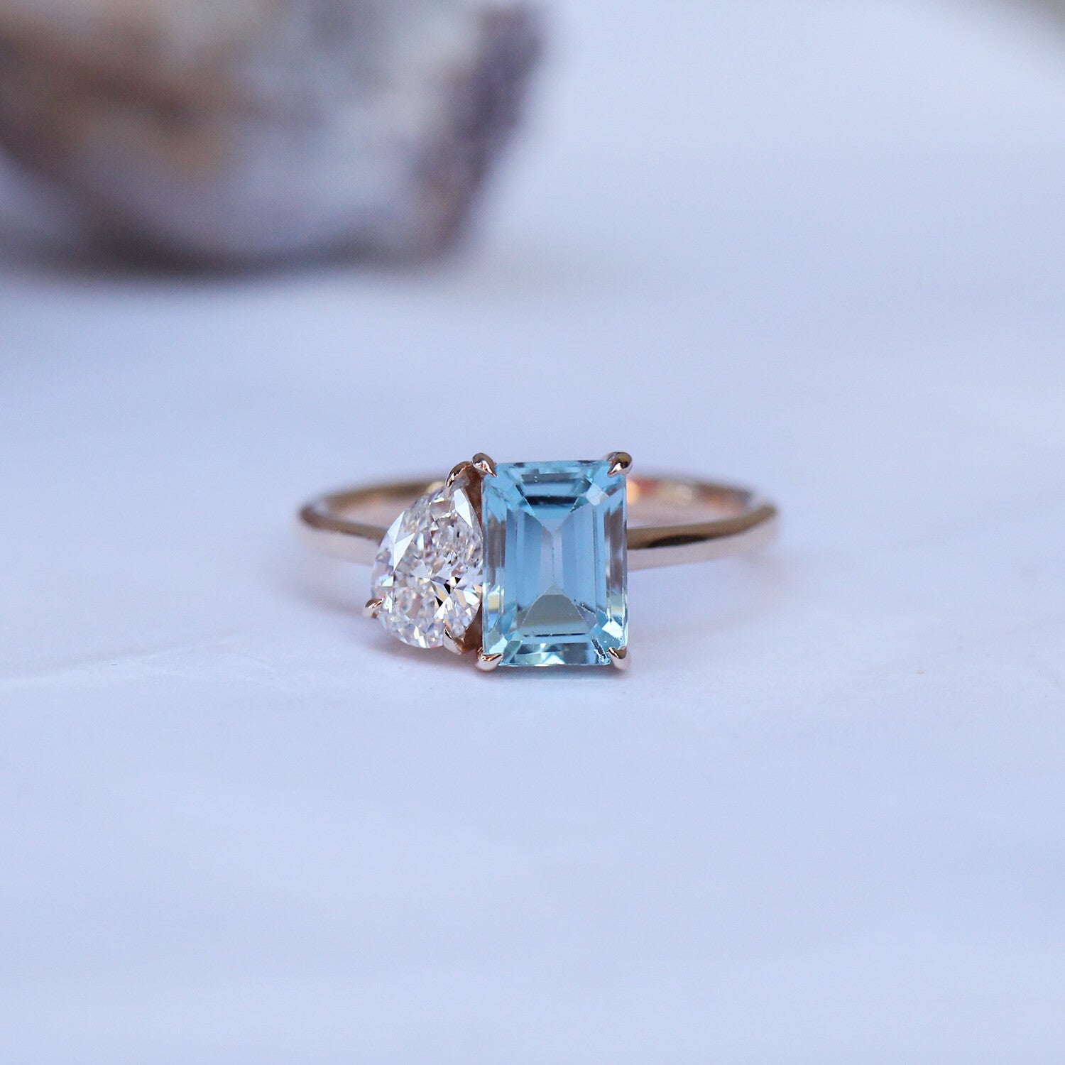 Custom Design Teardrop Diamond & Aquamarine Ring