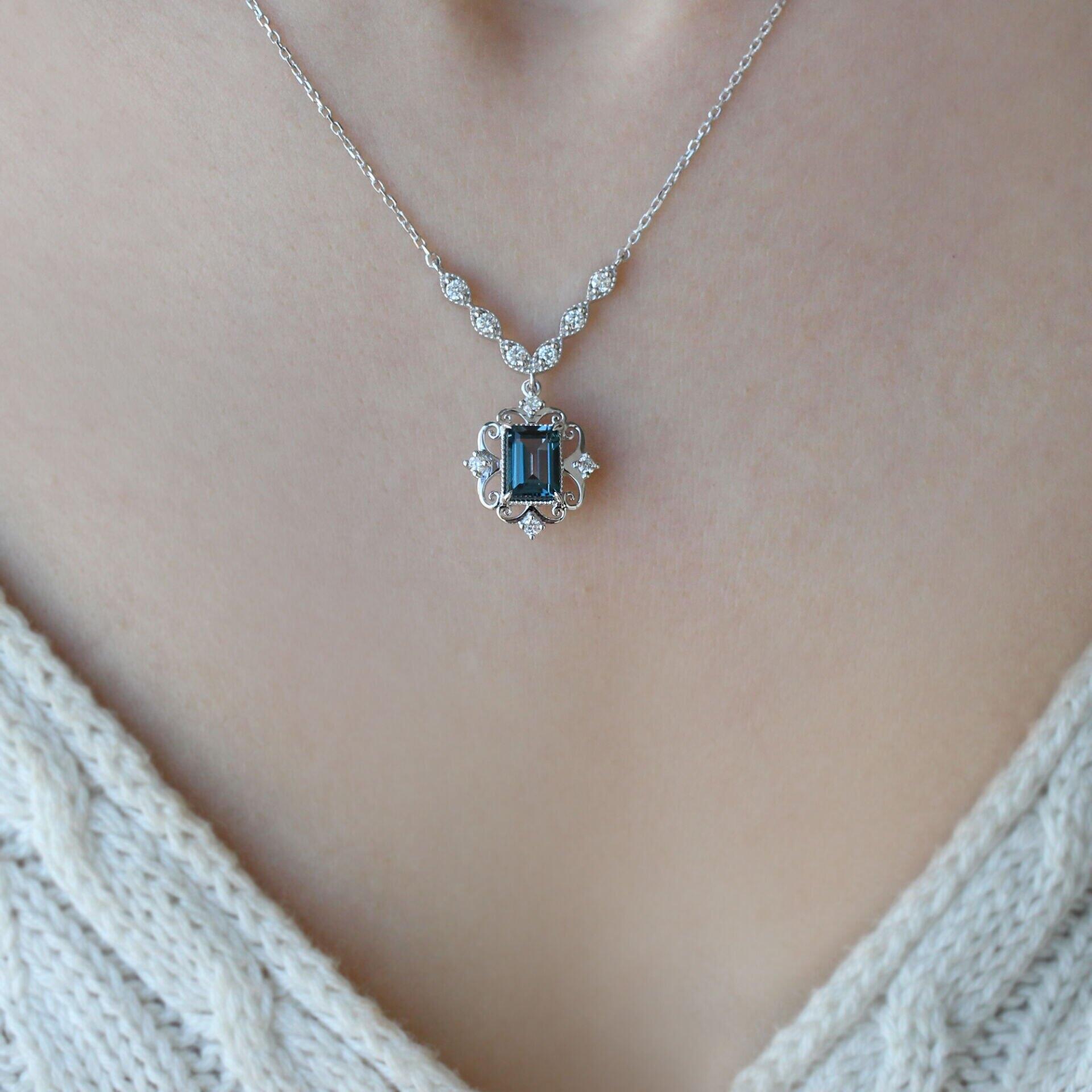 Custom Design Vintage London Blue & Diamond Necklace