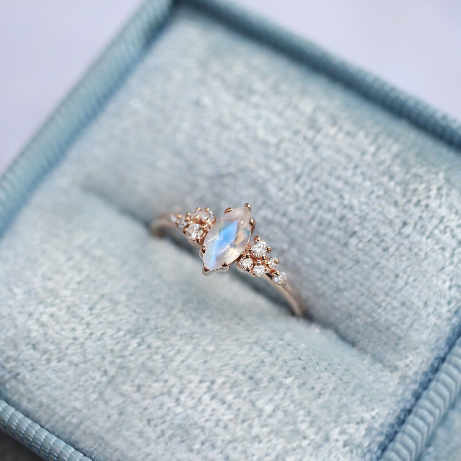 Vintage Asymmetric Marquise Moonstone & Diamond Ring