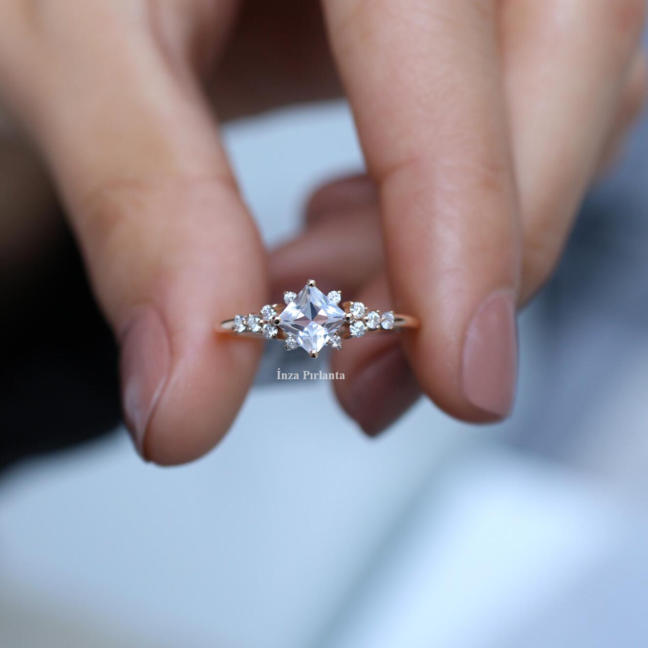 Vintage White Topaz Princess & Diamond Ring