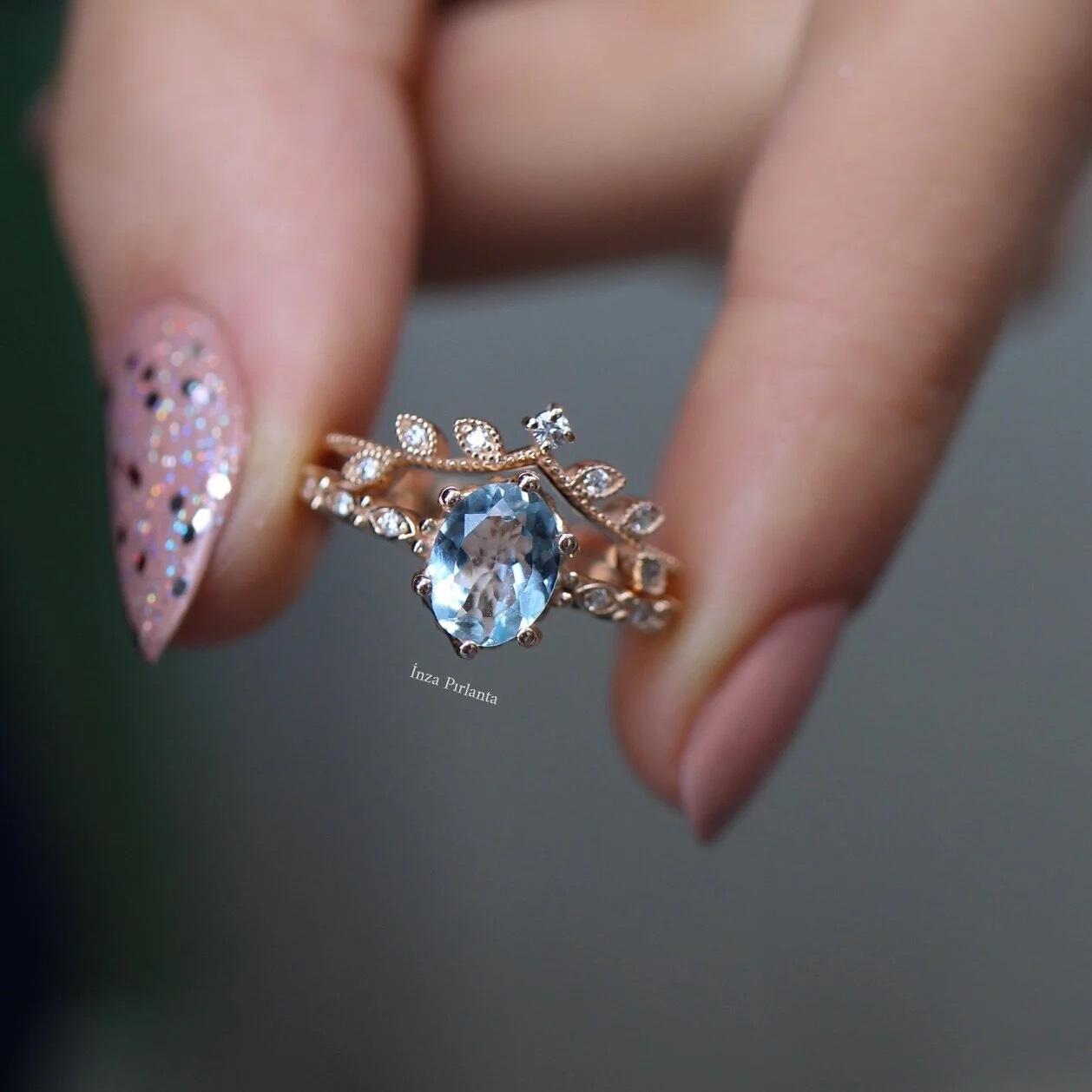 Vintage Branch & Aquamarine Diamond Ring