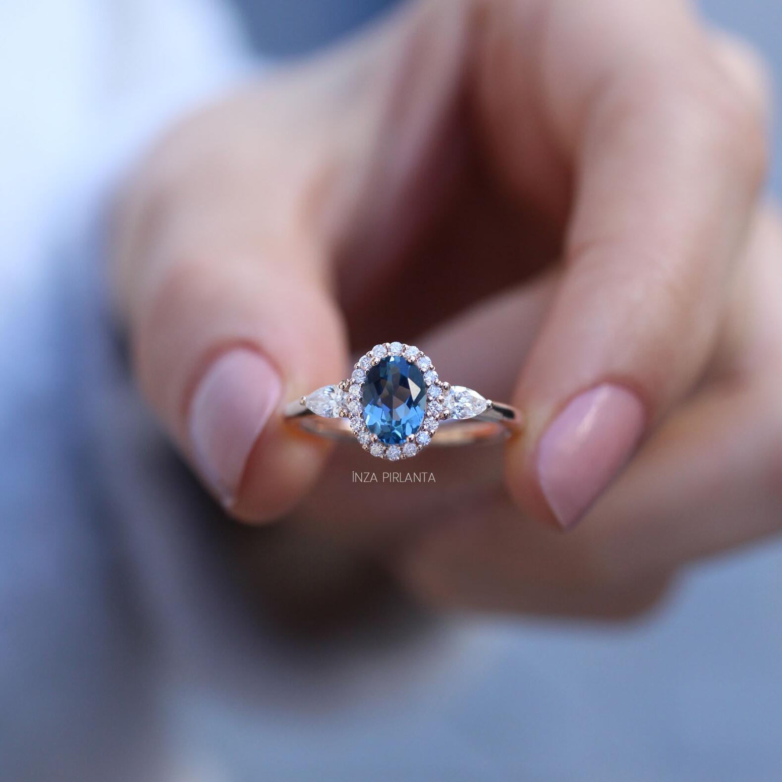 Vintage Pear Diamond & London Blue Ring