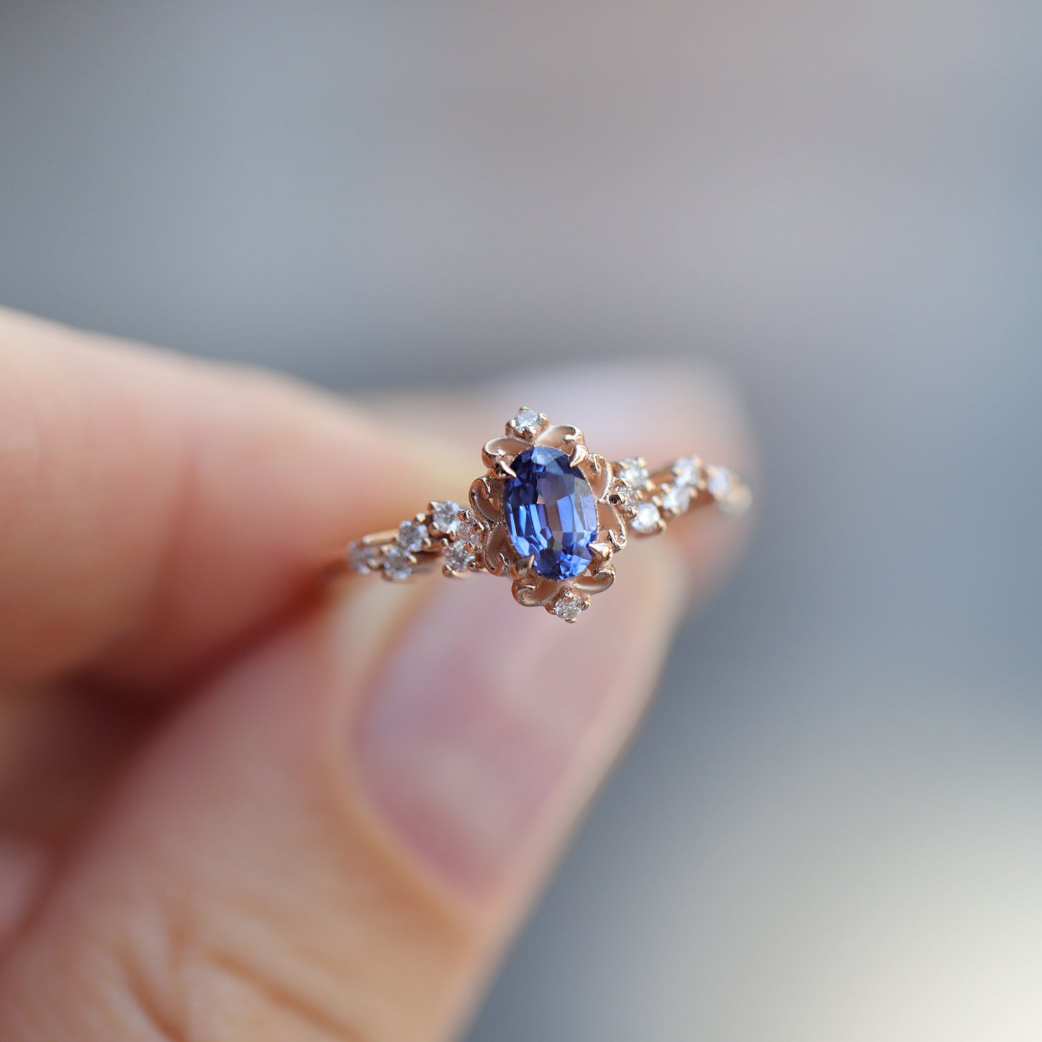 Vintage Emma Asymmetric Blue Topaz & Diamond Ring