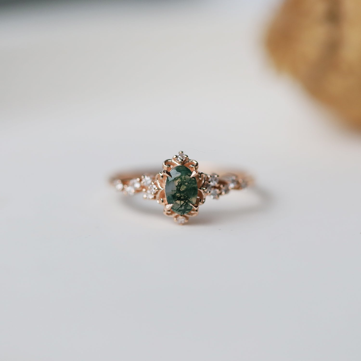 Vintage Emma Moss Agate & Asymmetric Diamond Ring