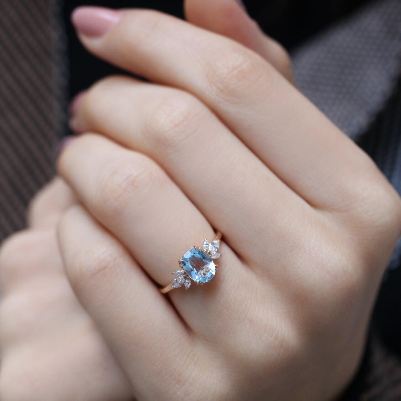 Vintage Lotus Aquamarine & Diamond Ring