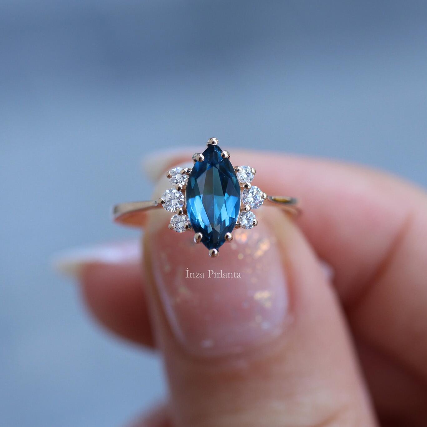 Vintage Marquise London Blue & Diamond Ring
