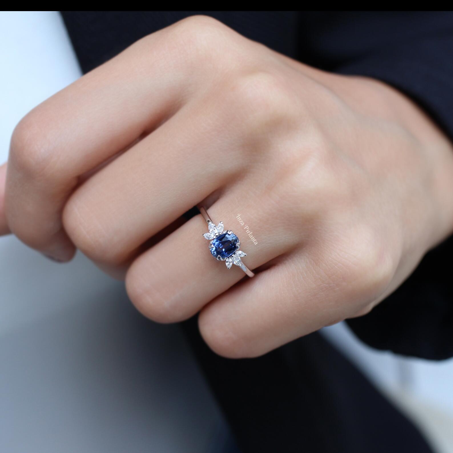 Vintage Mini Lotus Blue Topaz & Diamond Ring