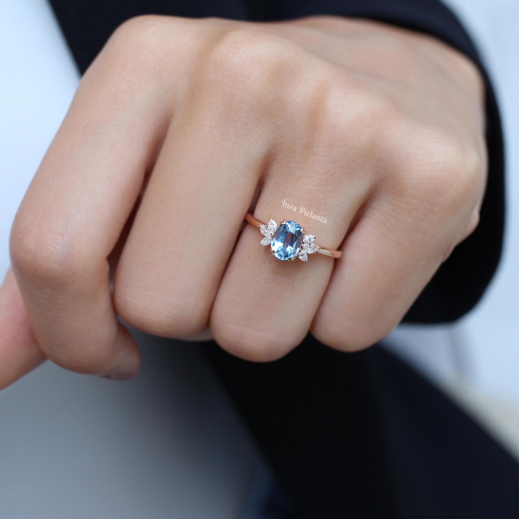 Vintage Mini Lotus Blue Topaz & Diamond Ring