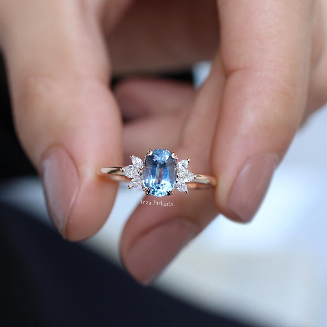 Vintage Mini Lotus Blue Topaz & Diamond Ring