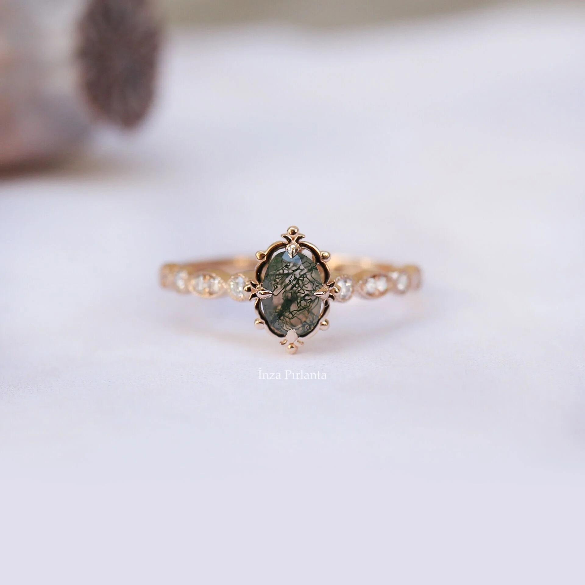 Vintage Maßgefertigter Moosachat- & Diamantring