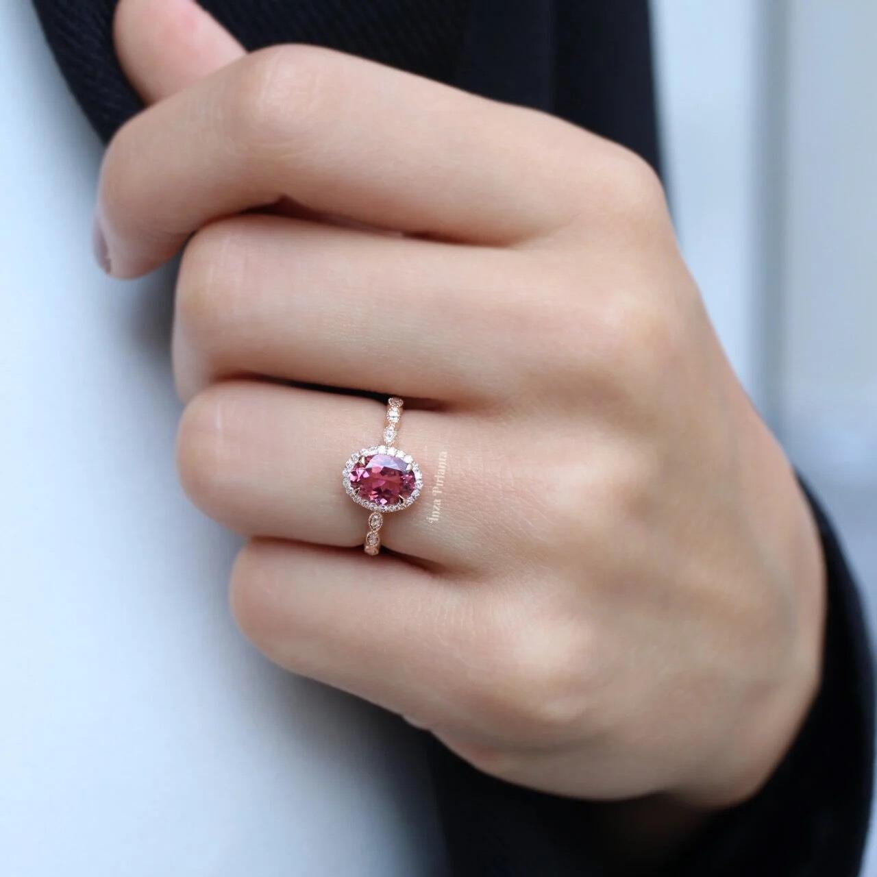 Vintage Custom Design Pink Tourmaline Diamond Solitaire Ring