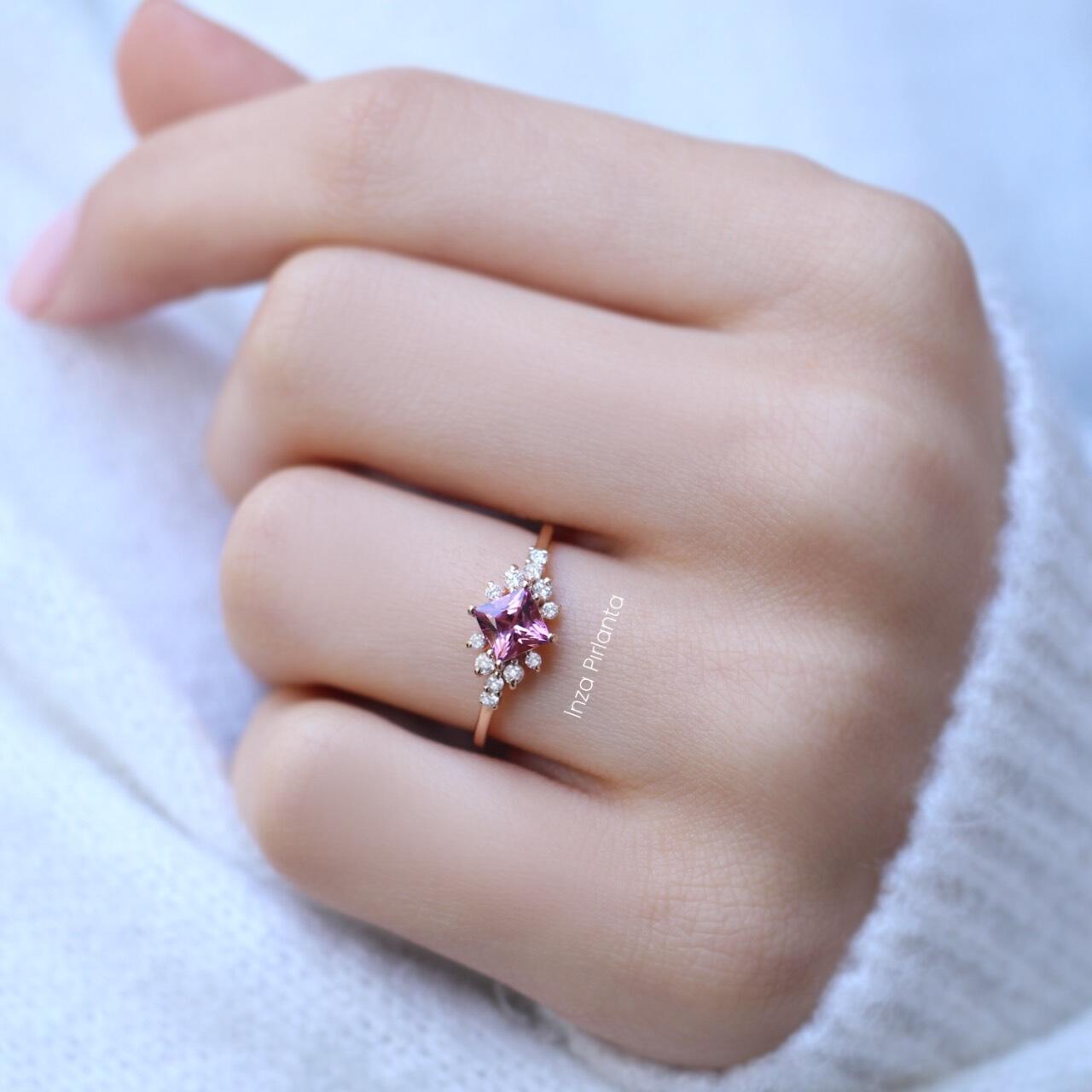 Vintage Princess Pink Tourmaline & Diamond Ring