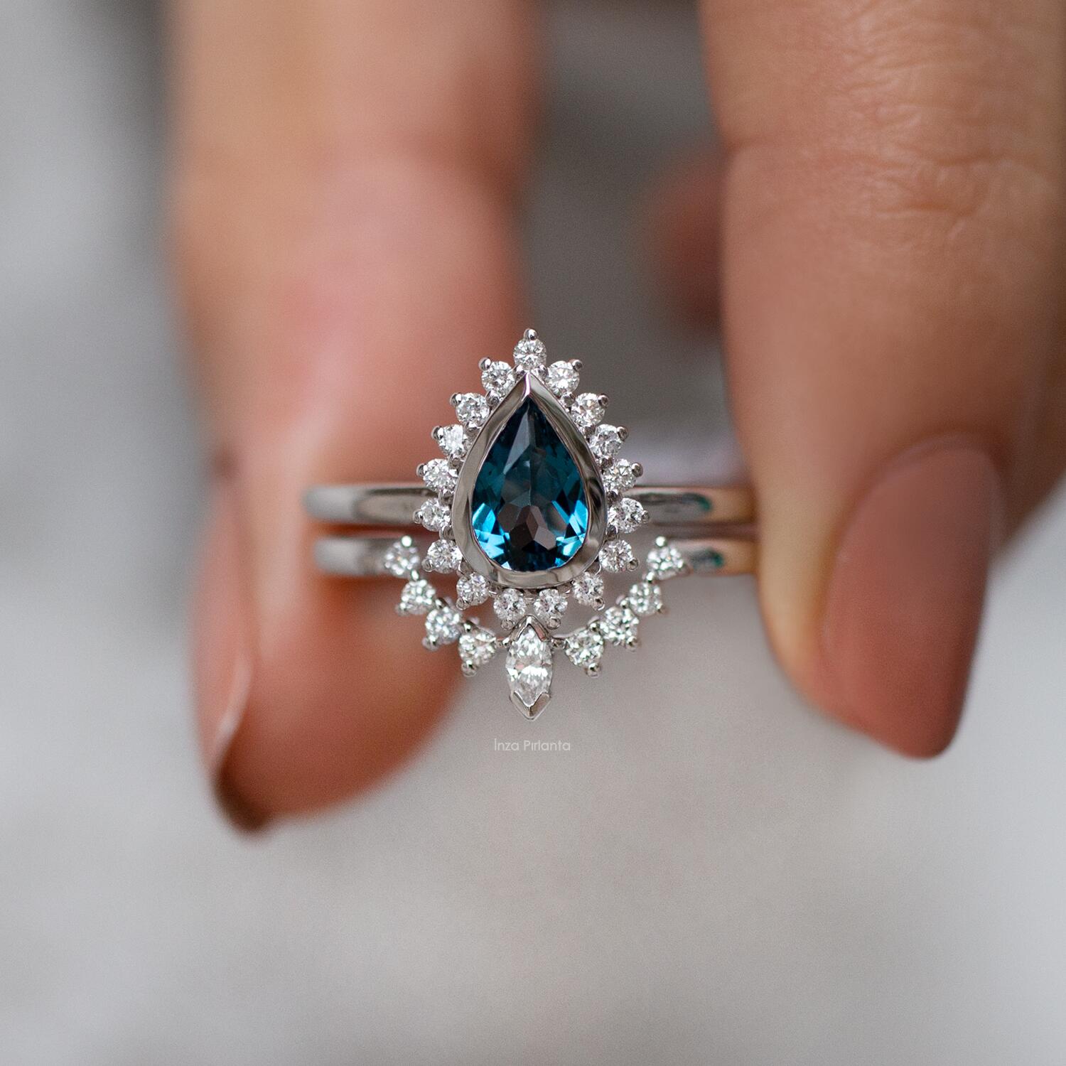 Teardrop London Blue Topaz & Diamond Duo Ring