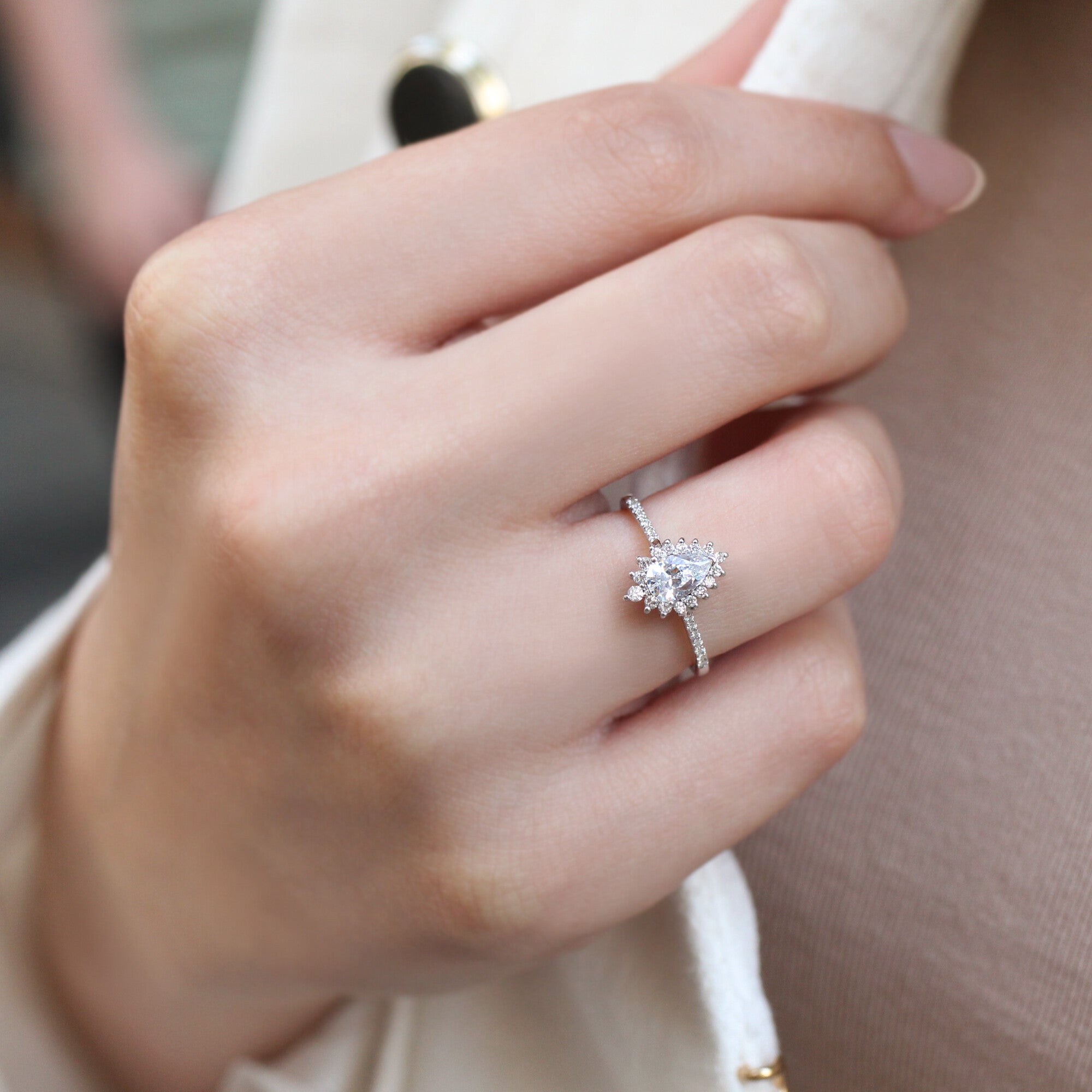 Custom Designed Teardrop White Topaz & Diamond Ring