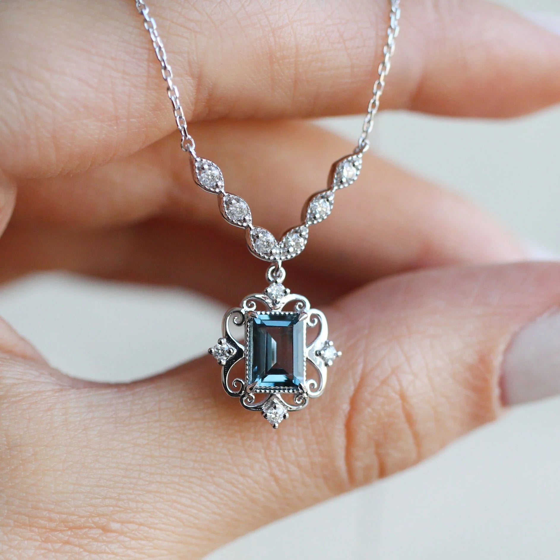 Custom Design Vintage London Blue & Diamond Necklace