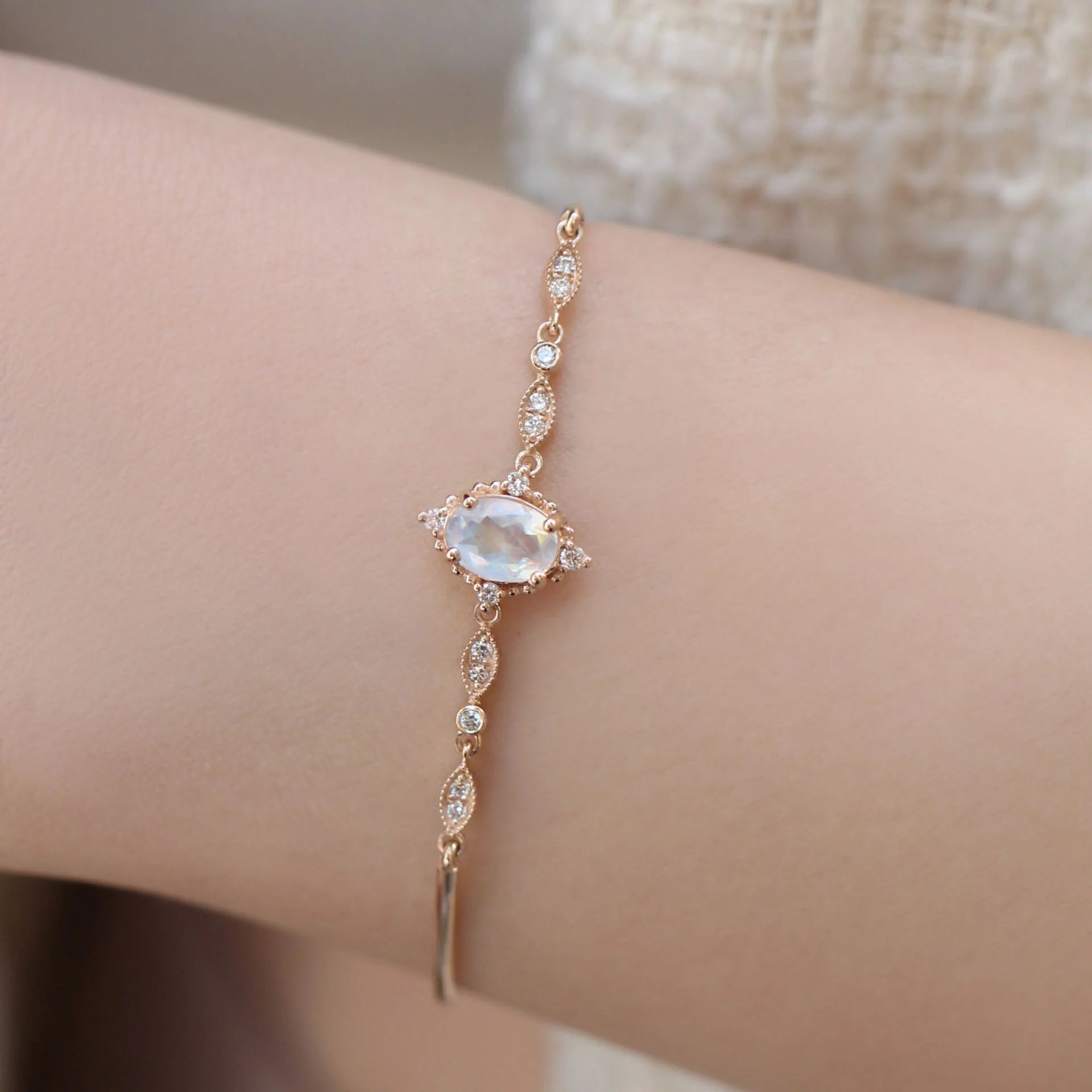 Custom Design Vintage Mini Selius Moonstone & Diamond Bracelet