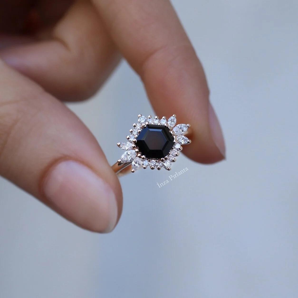 Vintage Hexagonal Spinel & Diamond Ring