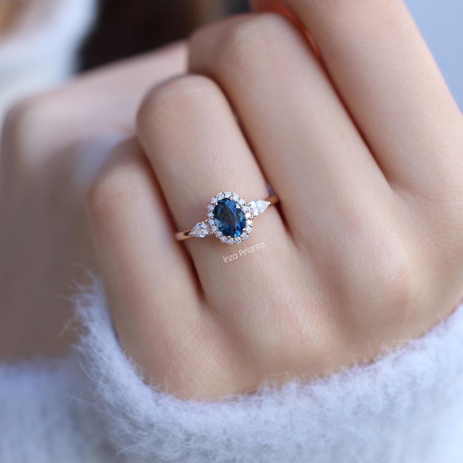 Vintage Pear Diamond & London Blue Ring
