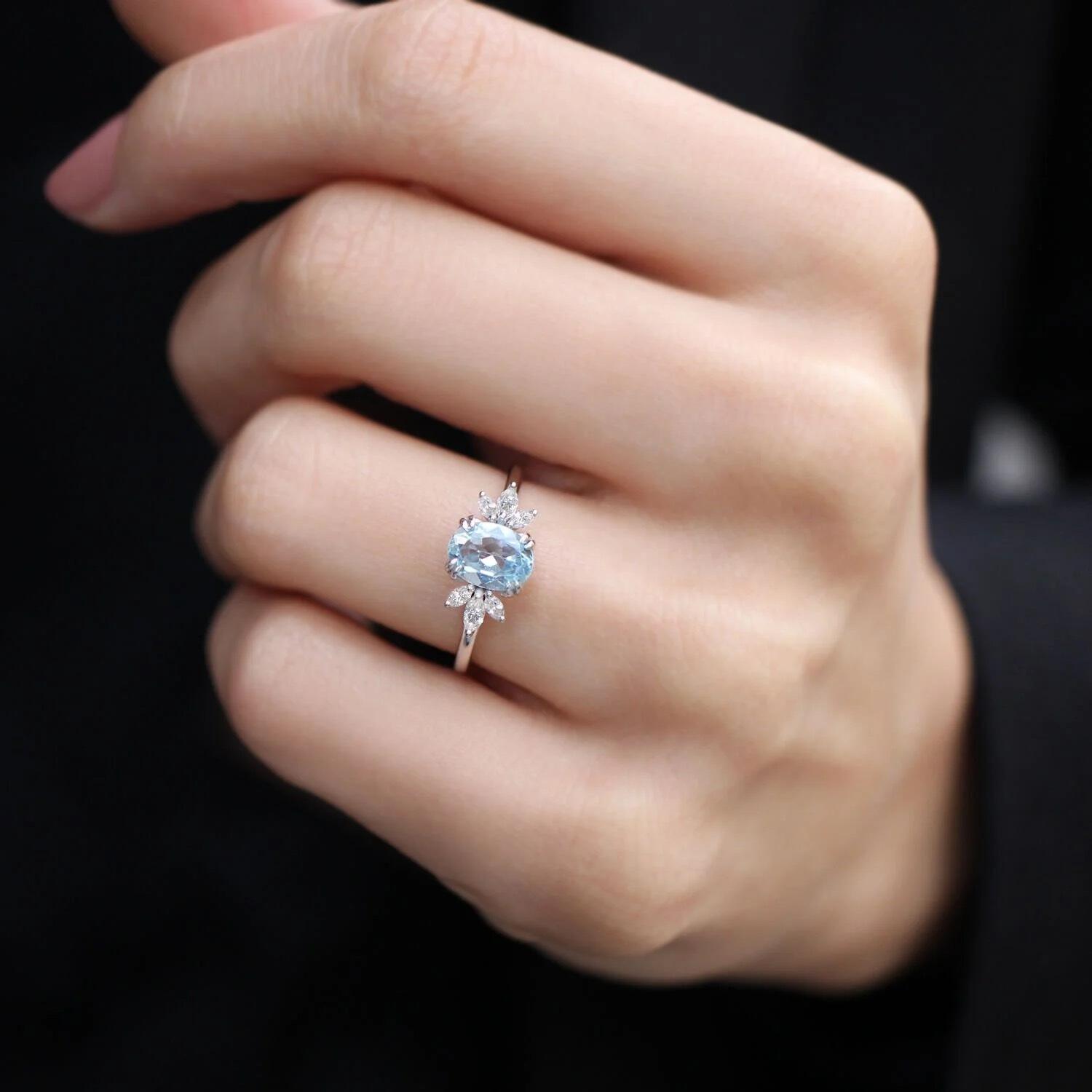 Vintage Lotus Aquamarine & Diamond Ring