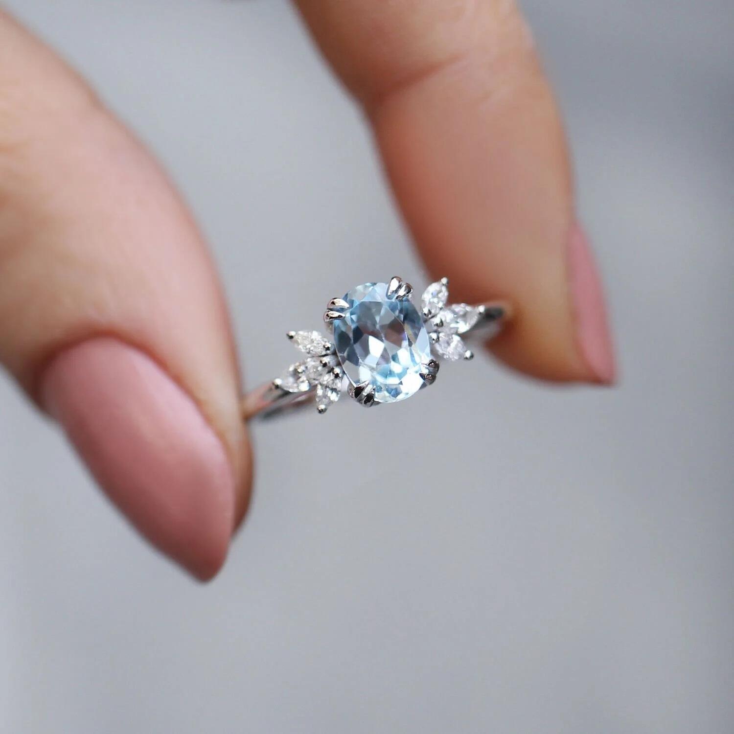 Vintage Lotus Aquamarine & Diamond Ring