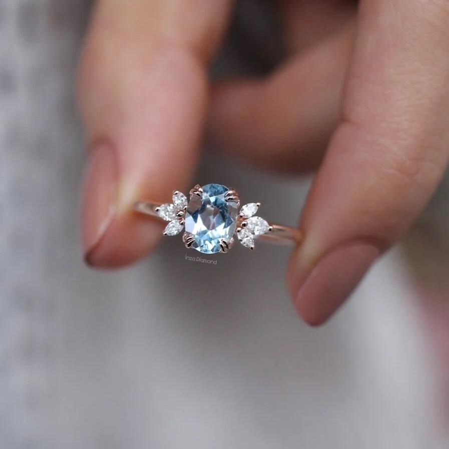 Vintage Lotus Aquamarine & Diamond Ring