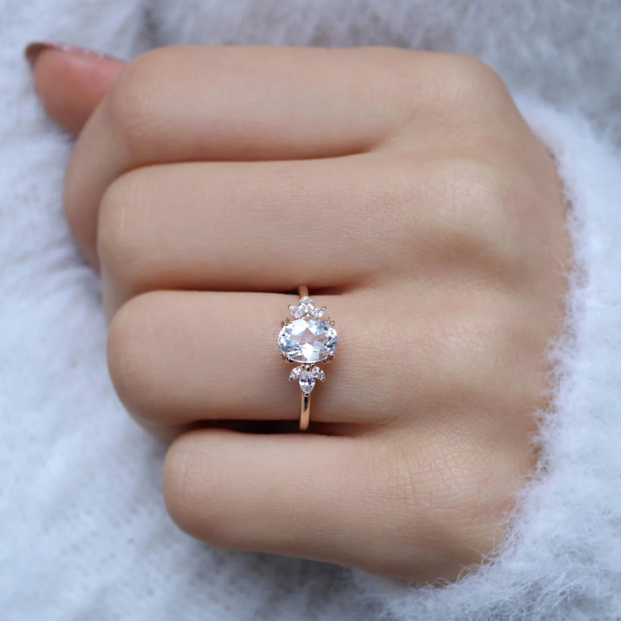 Vintage Lotus White Topaz & Diamond Ring