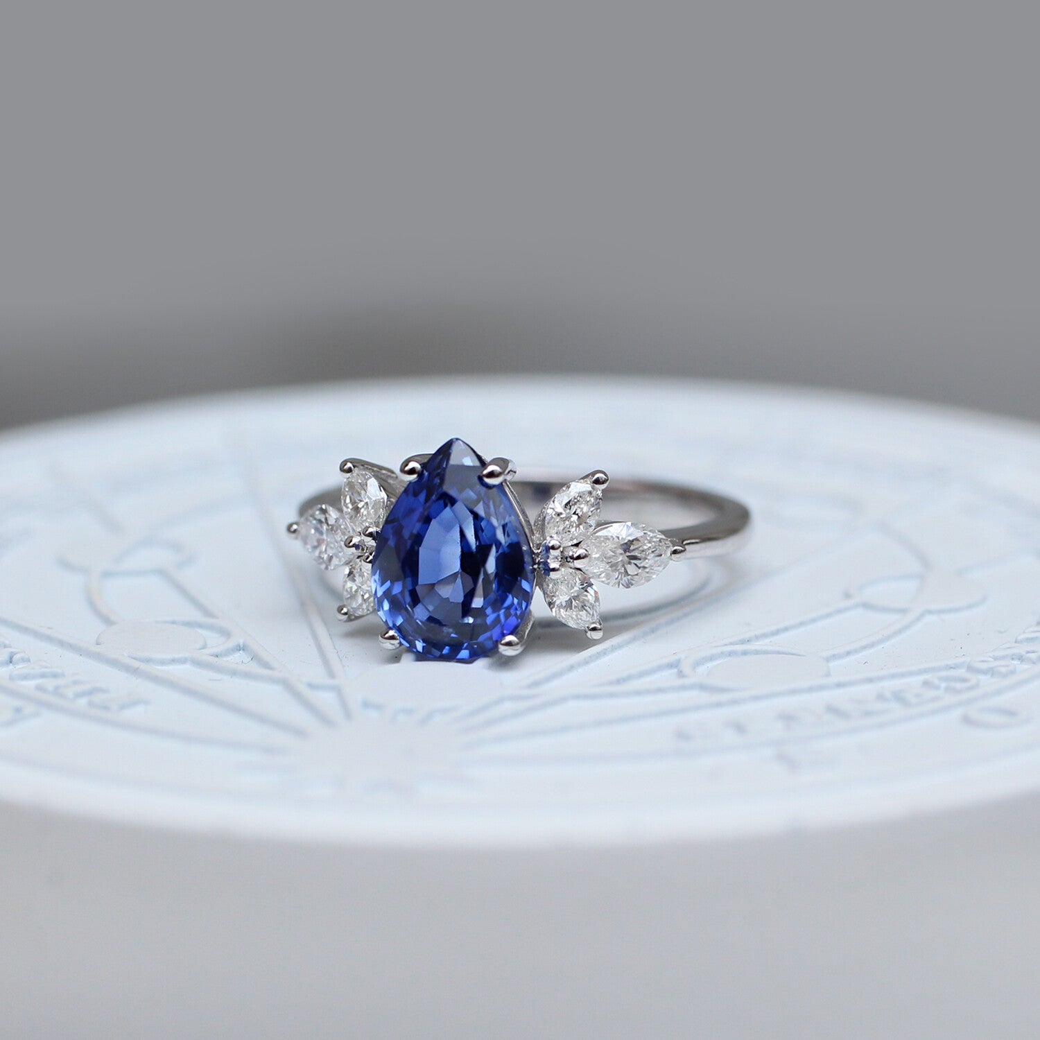 Vintage Lotus Teardrop Blue Topaz & Diamond Ring