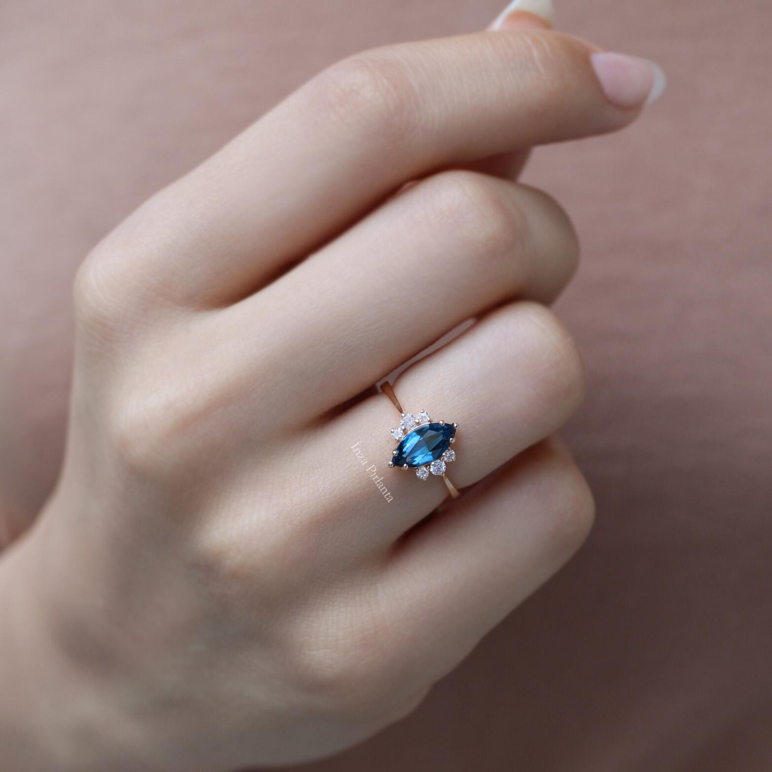 Vintage Marquise London Blue & Diamond Ring