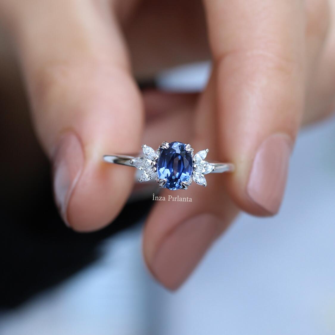 Vintage Mini Lotus Blue Topaz & Diamond Ring