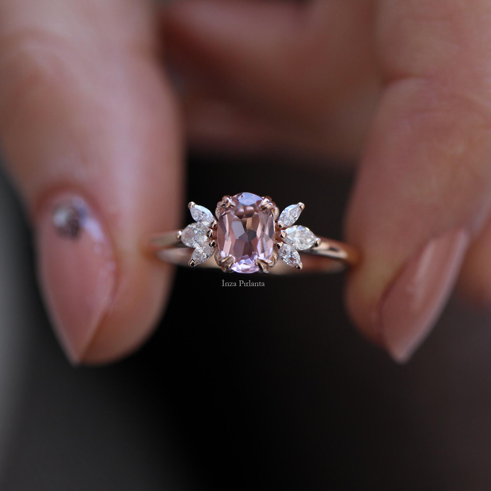 Vintage Mini Lotus Morganite & Diamond Ring