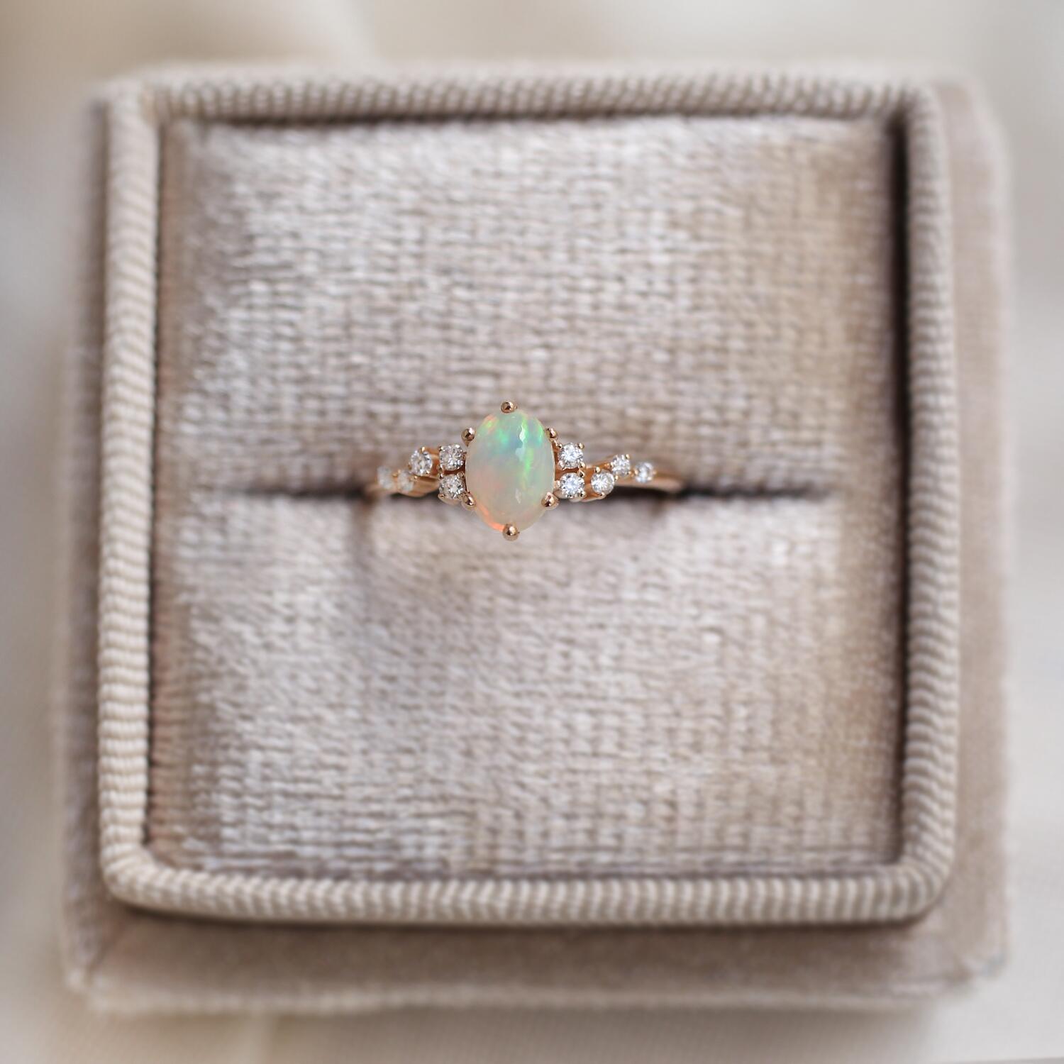 Vintage Custom Design Asymmetrical Opal & Diamond Ring