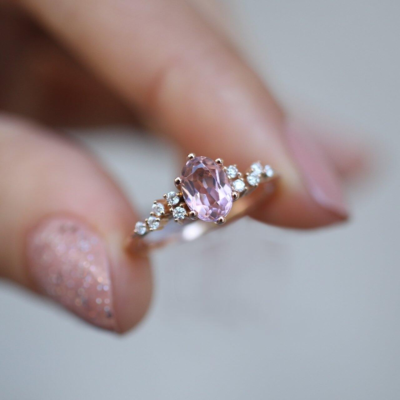 Vintage Custom Design Asymmetrical Diamond & Morganite Ring