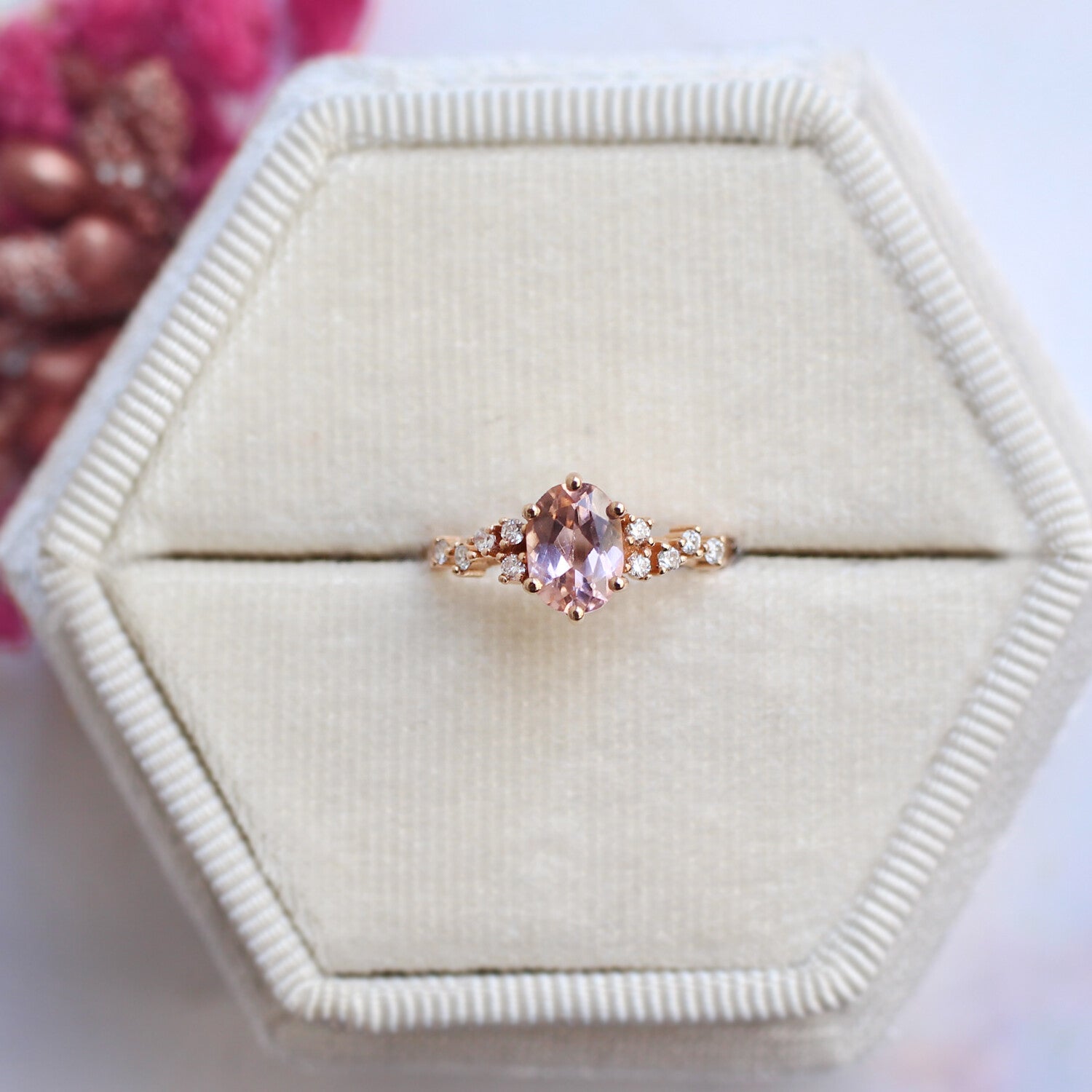 Vintage Custom Design Asymmetrical Diamond & Morganite Ring