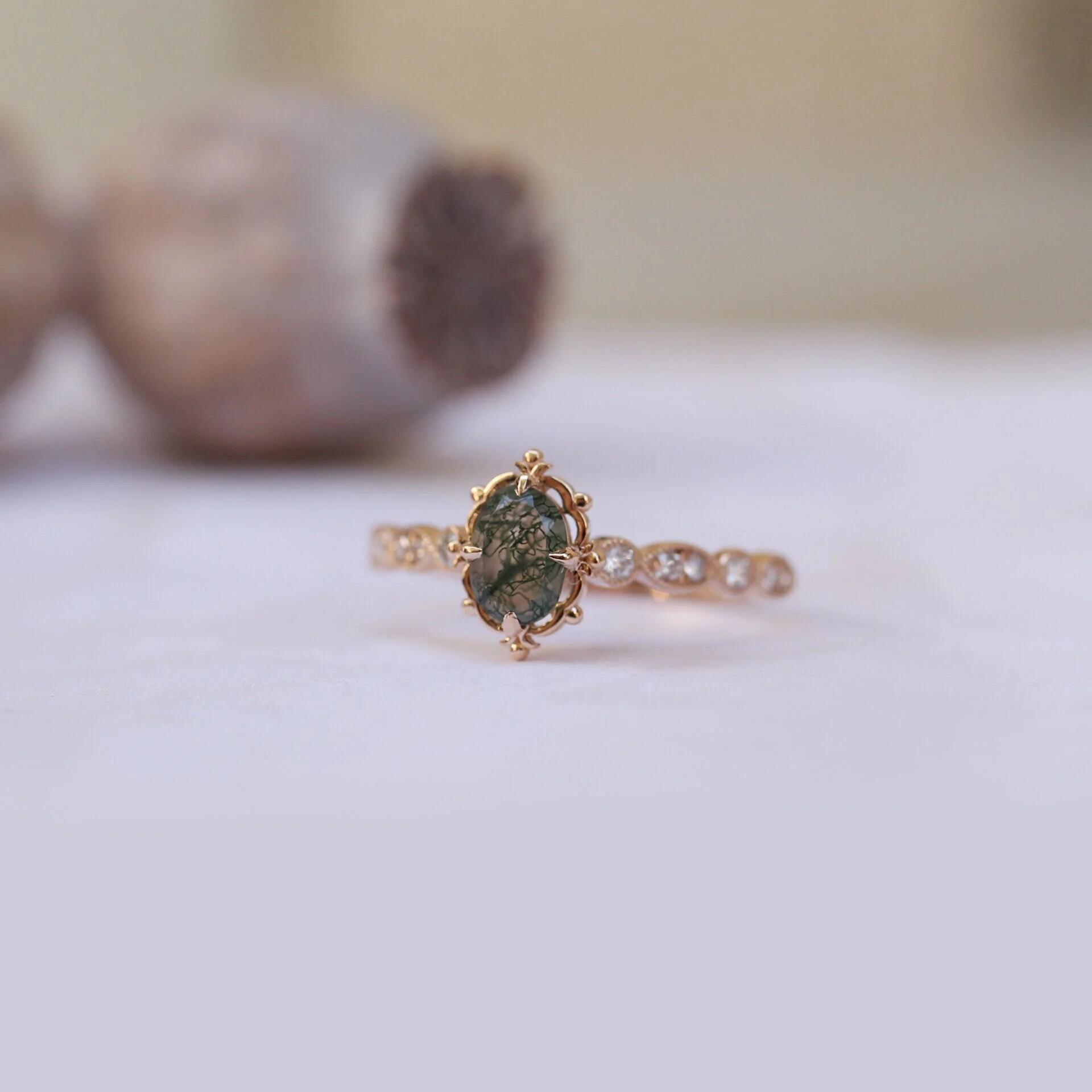 Vintage Maßgefertigter Moosachat- & Diamantring