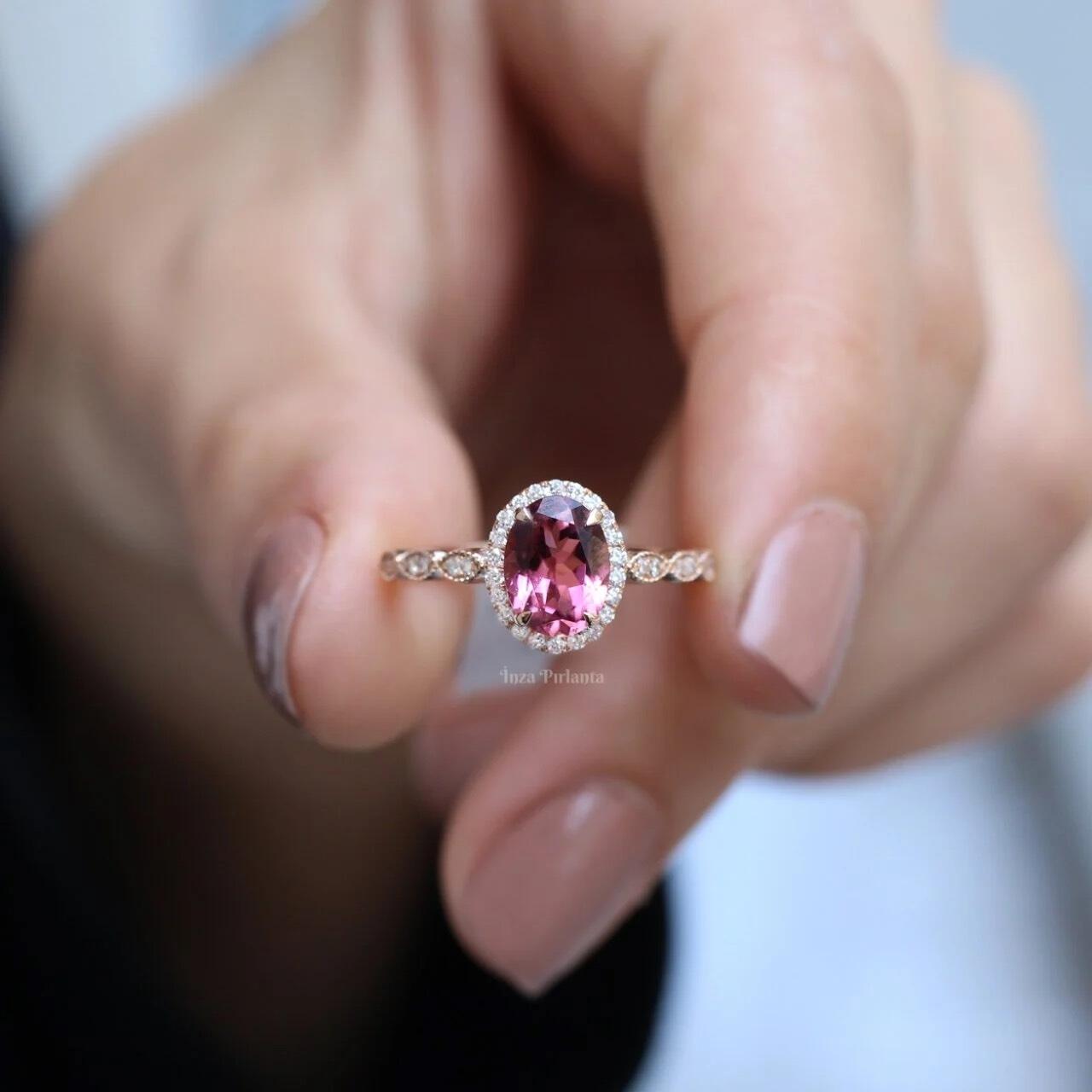 Vintage Custom Design Pink Tourmaline Diamond Solitaire Ring