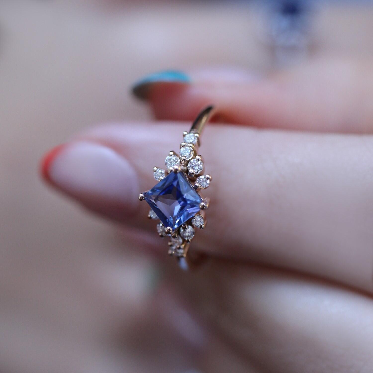 Vintage Princess Blue Topaz & Diamond Ring