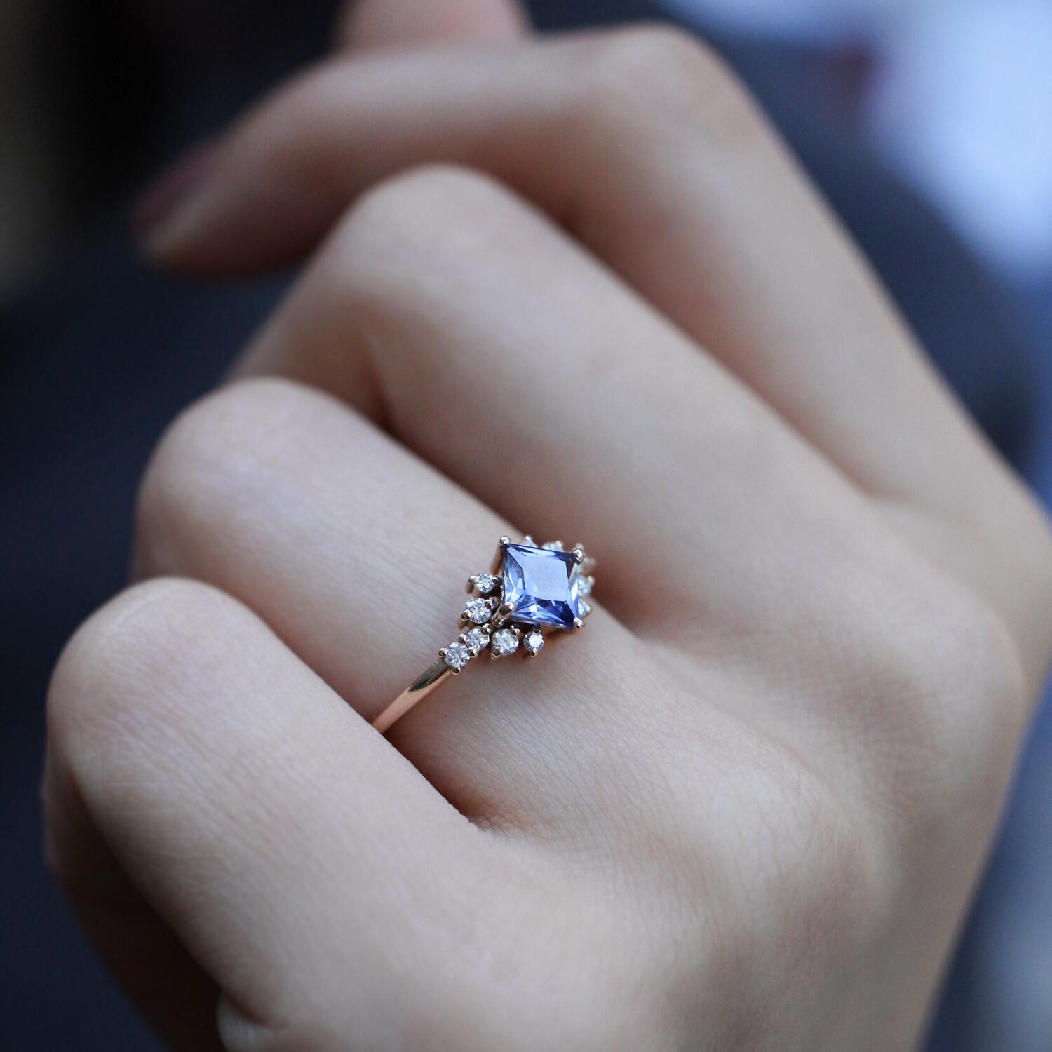 Vintage Princess Blue Topaz & Diamond Ring
