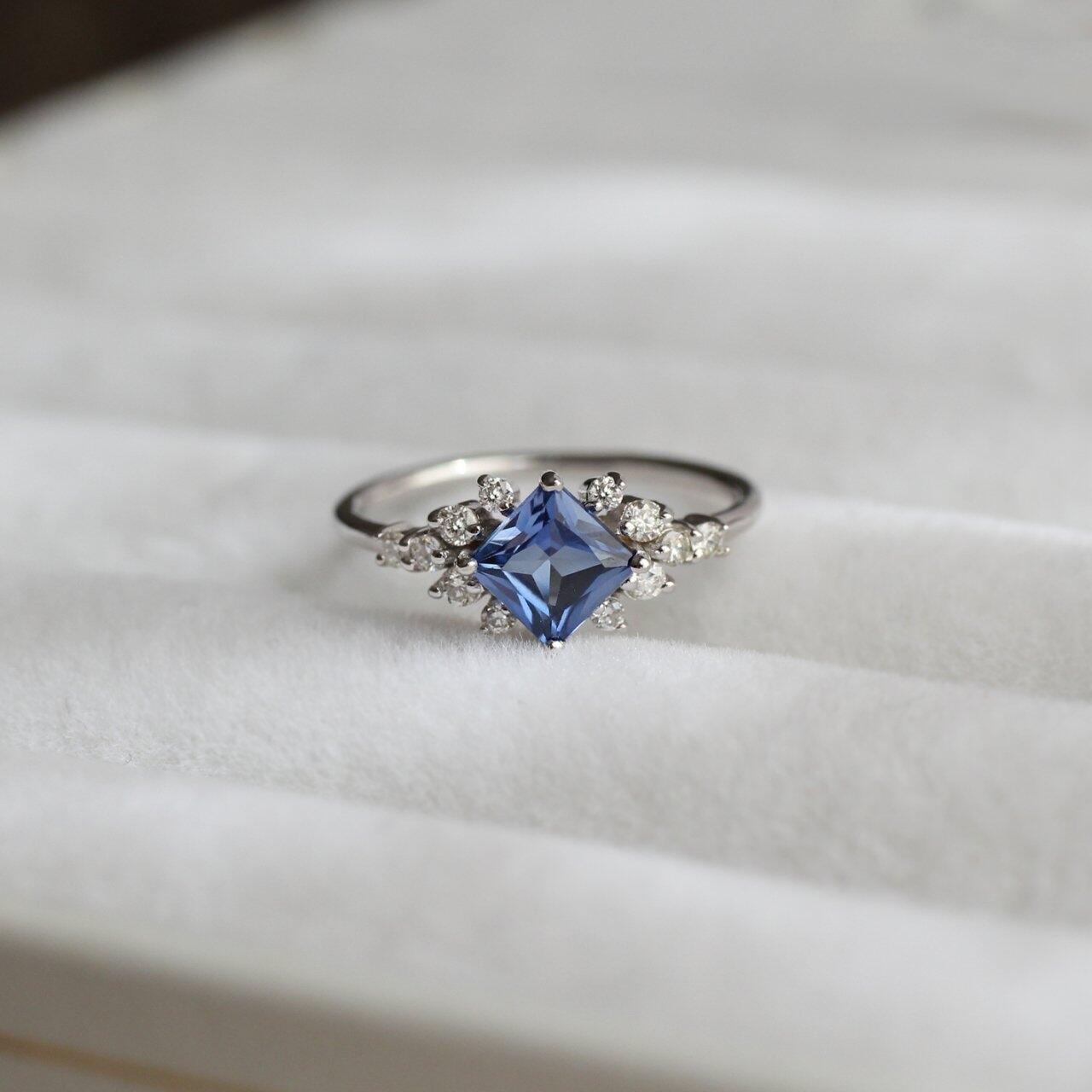 Vintage Princess Blue Topaz & Diamond Ring
